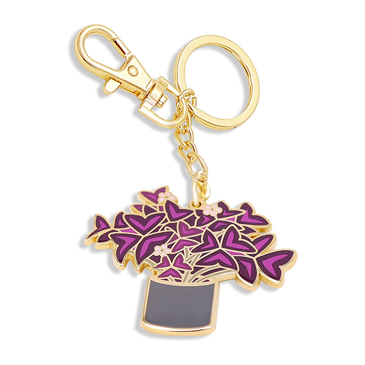 Purple flower pot metal keychain