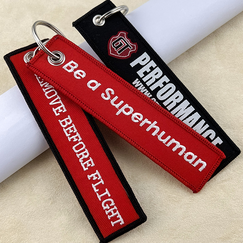 Red performance woven label keychain set