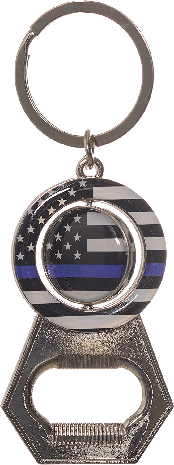 Thin blue line spinner bottle opener keychain