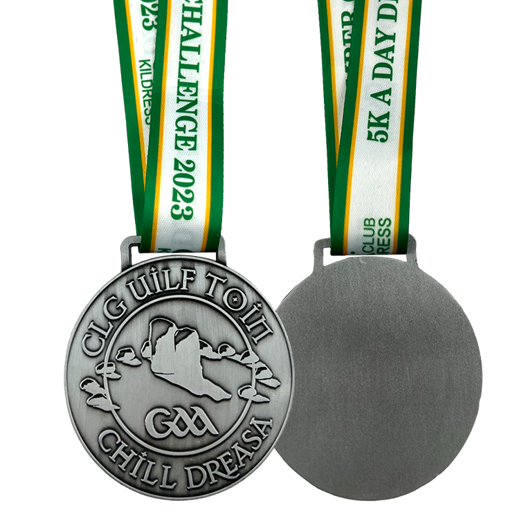 Silver race award medal with ribbon