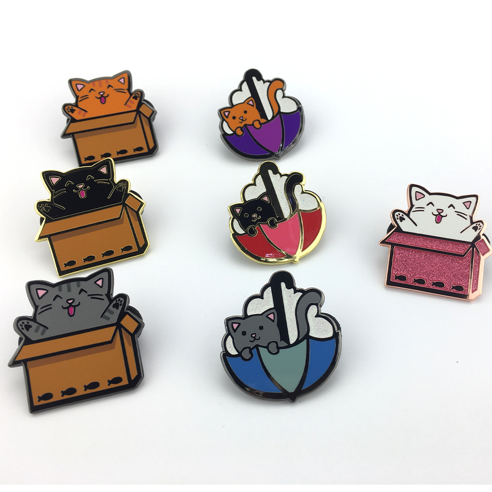 Box cat and umbrella cat hard enamel pins