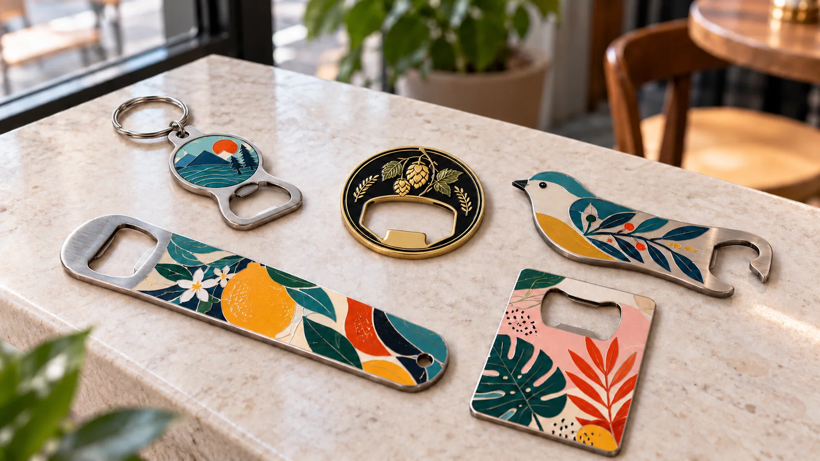 Five custom metal bottle opener styles arranged side by side: keychain, coin style, shaped, handheld and card style