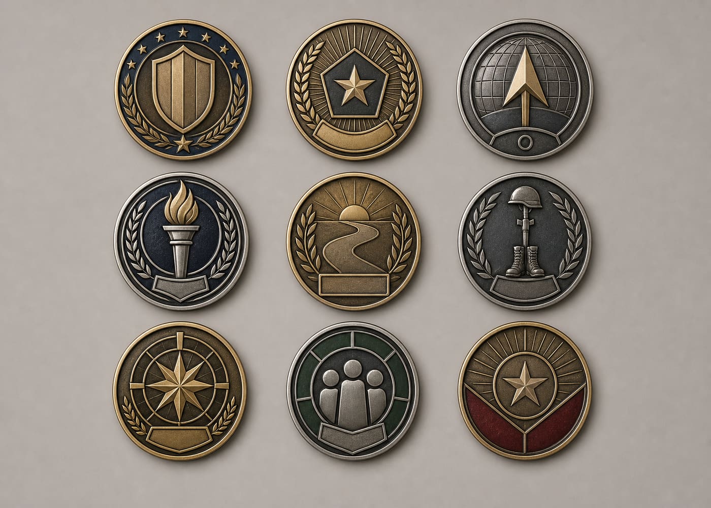 Nine common types of military challenge coins grouped by purpose