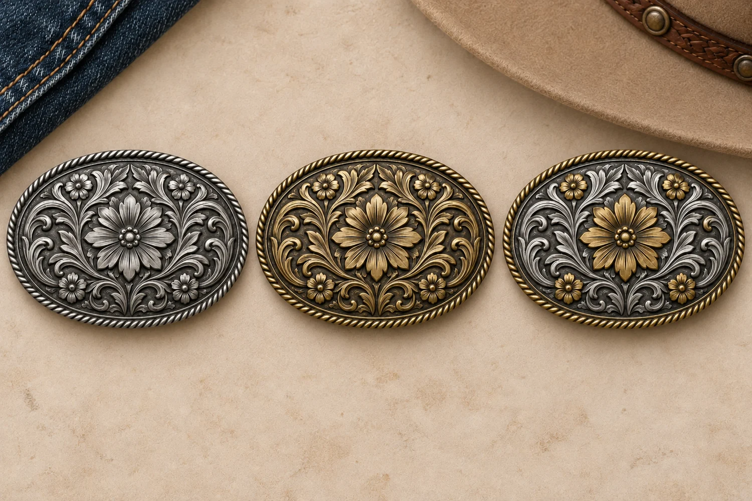 Three matching floral buckle concepts in antique silver-tone, antique brass-tone and two-tone finishes