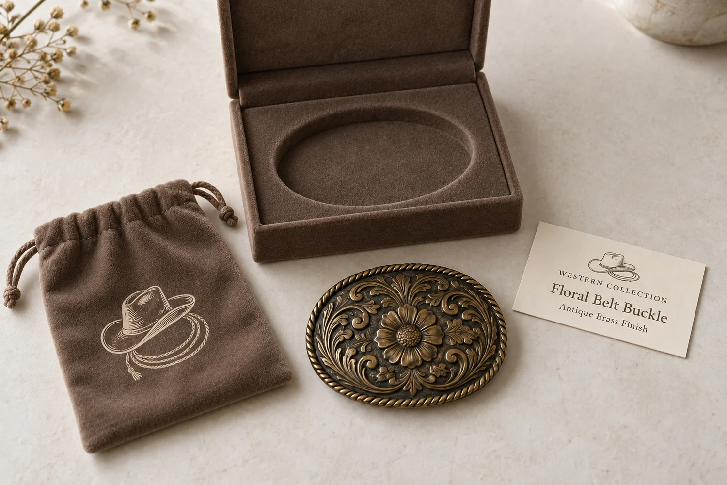 Western buckle packaging concept with a lined presentation box, printed protective pouch and product card