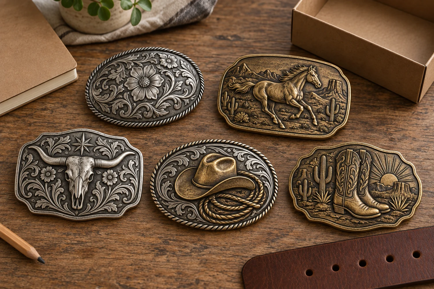 Five western buckle concepts beside a belt strap and packaging materials on a sample review table