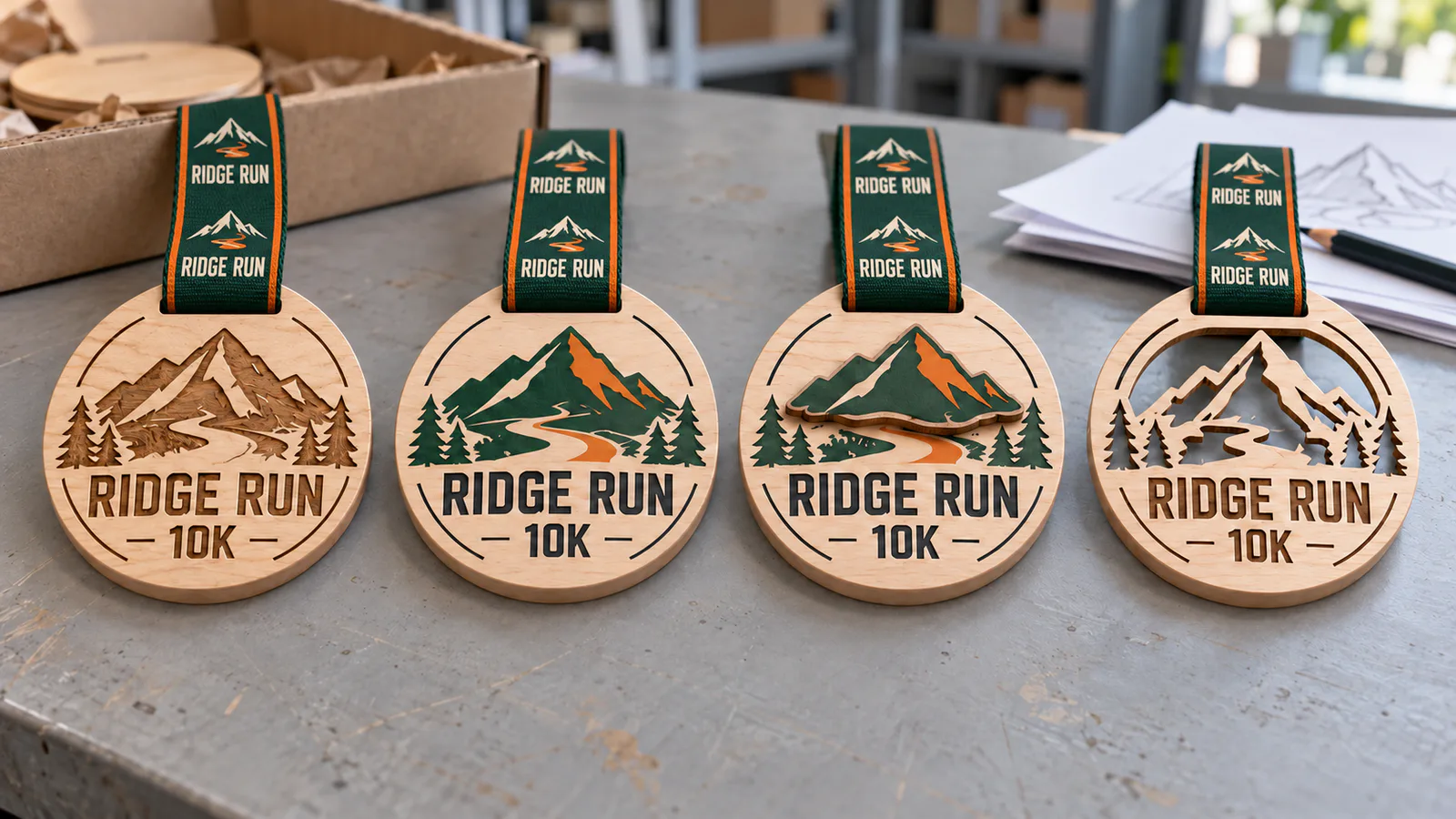 Four RIDGE RUN wooden medal concepts showing engraving, color printing, layering and cutouts with matching printed ribbons