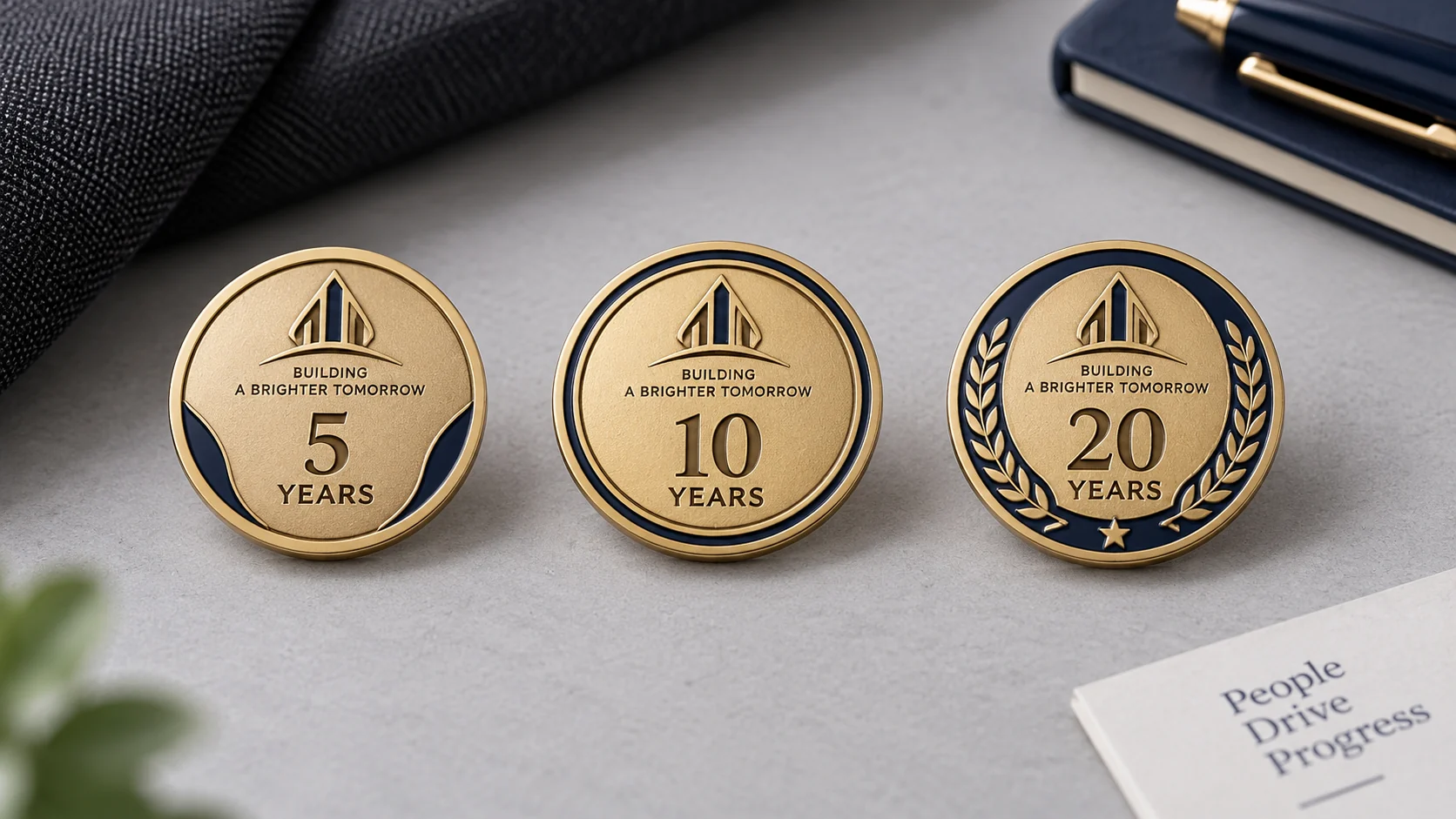 Three coordinated company service lapel pins marked 5 YEARS, 10 YEARS and 20 YEARS with a matching corporate emblem.